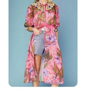 Umgee Floral Ruffle Trim Boho Long Kimono Cardigan Women's Medium Pink
